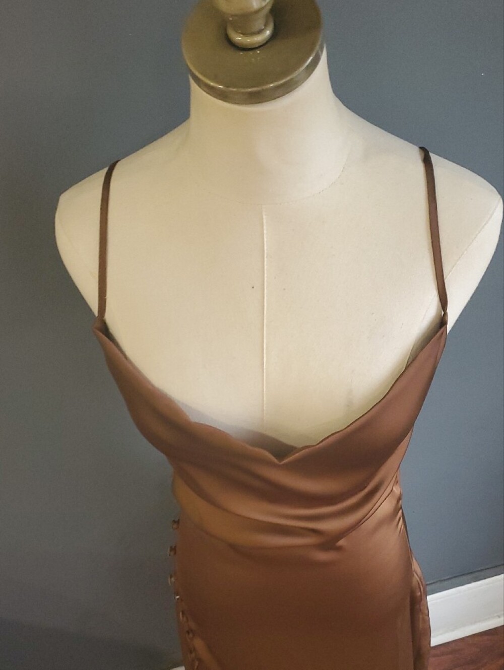 Chocolate Satin Slip Feel Slip Dress with Side Button Slit - Picture 16 of 17